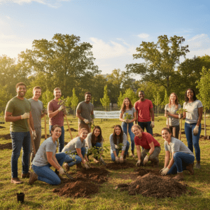 Pessoas participando de um evento de plantio de árvores no Dia da Terra