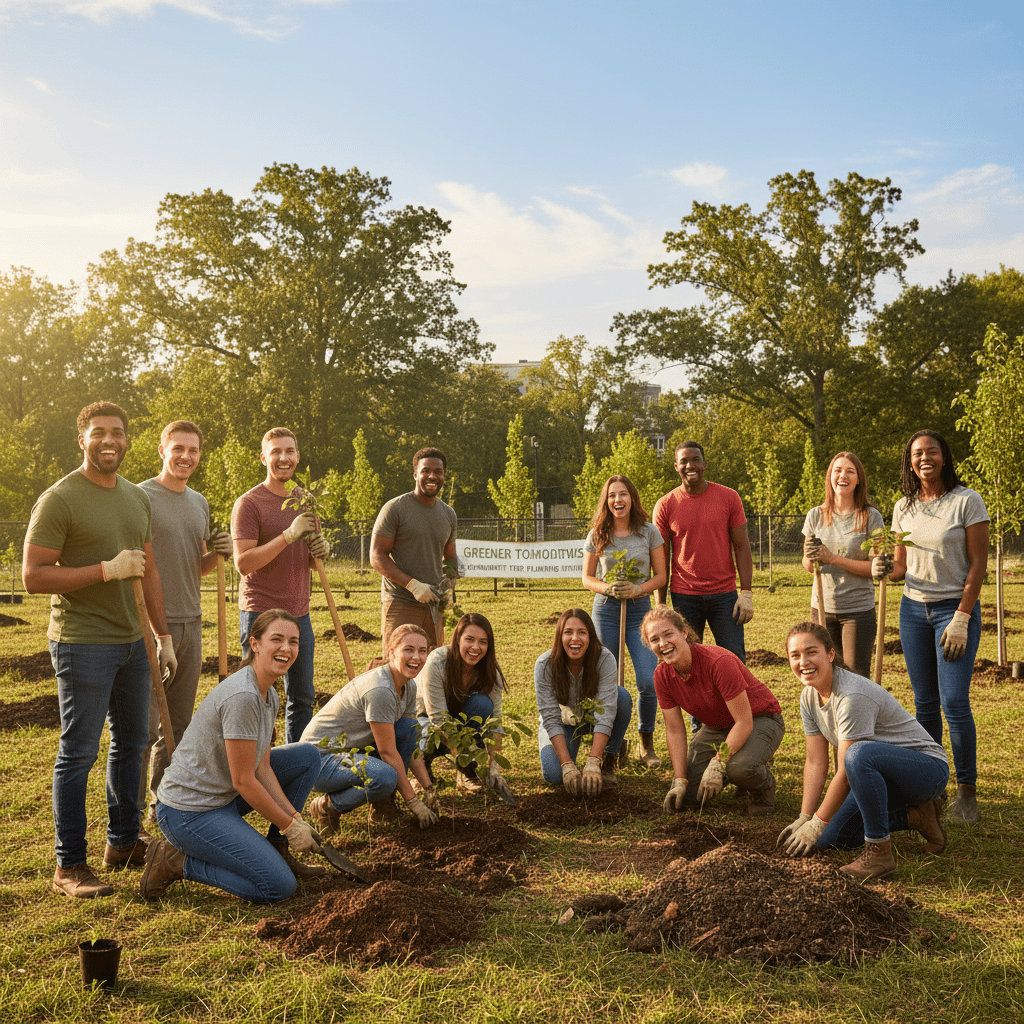 Pessoas participando de um evento de plantio de árvores no Dia da Terra