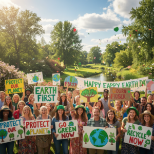 Comemoração do Dia da Terra com pessoas segurando cartazes em defesa do meio ambiente.