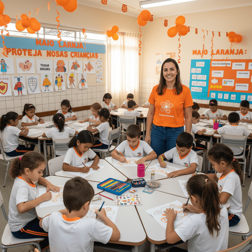 Crianças participando de atividades educativas sobre o Maio Laranja
