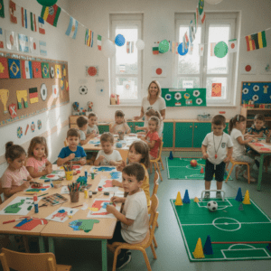 Crianças participando de atividades lúdicas inspiradas na Copa do Mundo.