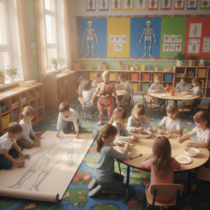 Crianças brincando e aprendendo sobre o corpo humano na educação infantil