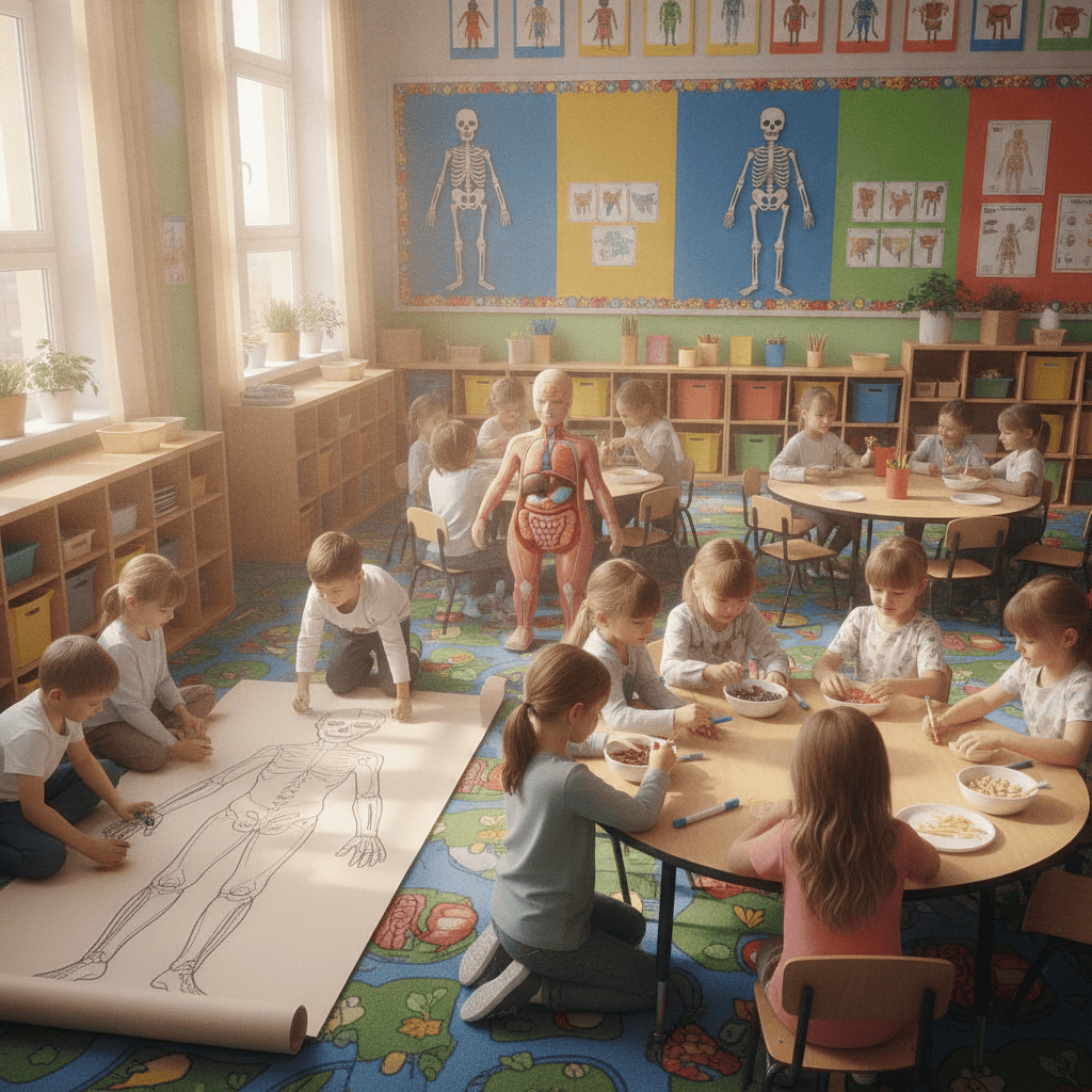 Crianças brincando e aprendendo sobre o corpo humano na educação infantil