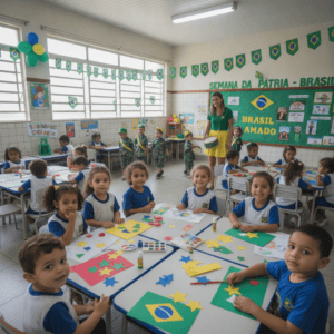 Crianças realizando atividades lúdicas com temas da Semana da Pátria
