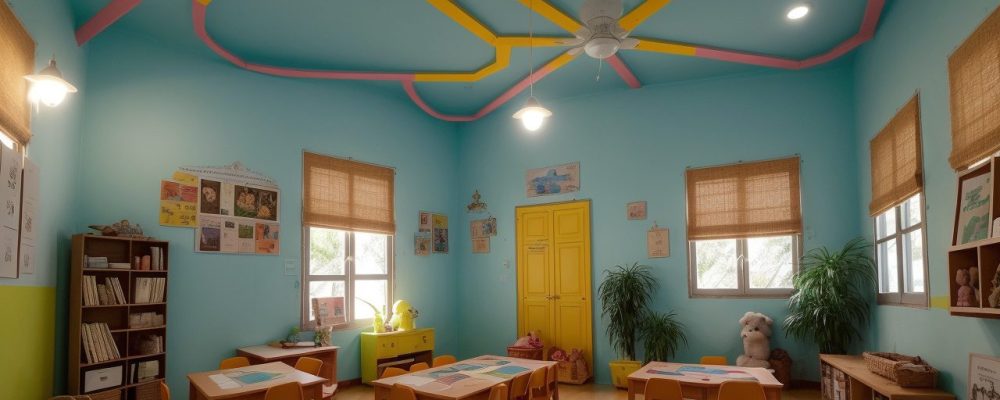 Crianças e fantoches em uma sala de aula vibrante, participando ativamente da contação de histórias na educação infantil.