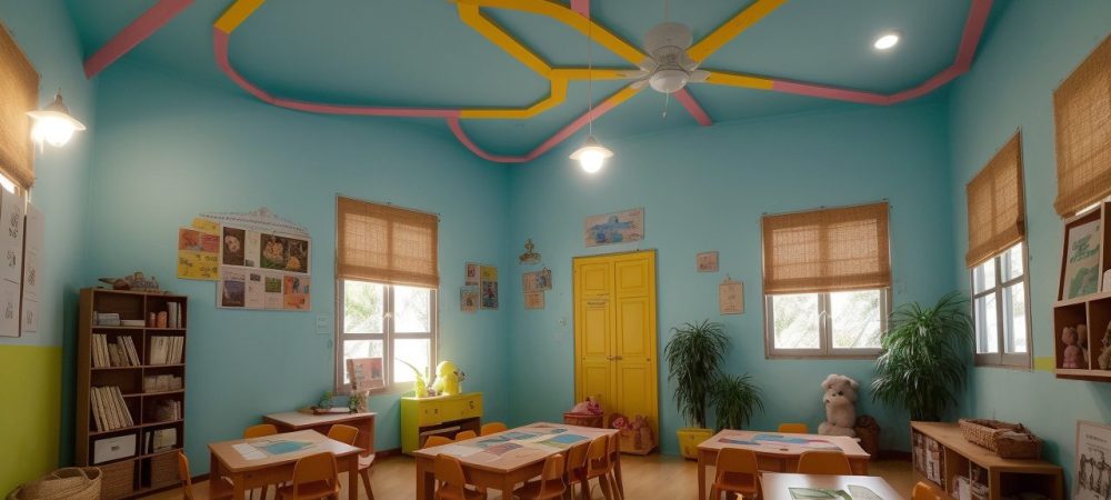 Crianças e fantoches em uma sala de aula vibrante, participando ativamente da contação de histórias na educação infantil.