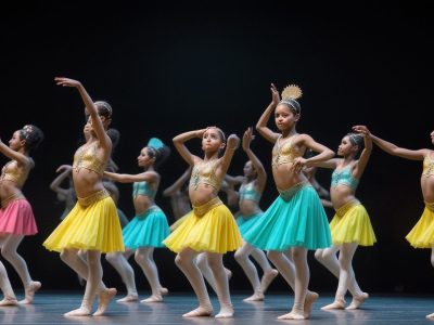 Representação da história da dança, com elementos visuais que simbolizam a origem, evolução e diversos estilos de dança.