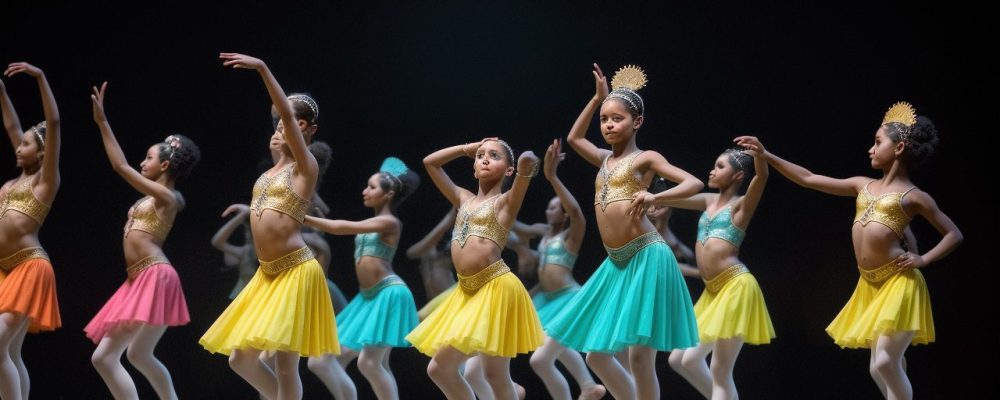 Representação da história da dança, com elementos visuais que simbolizam a origem, evolução e diversos estilos de dança.