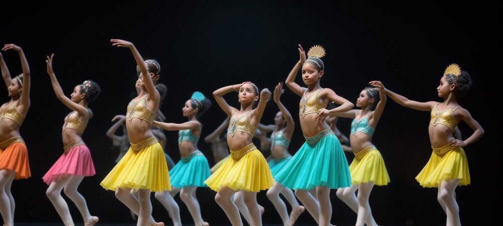 Representação da história da dança, com elementos visuais que simbolizam a origem, evolução e diversos estilos de dança.