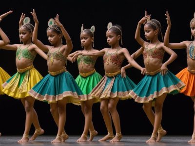 Imagem mostrando a evolução da história da dança através de diferentes estilos e culturas, com foco em ballet, dança moderna e danças folclóricas.