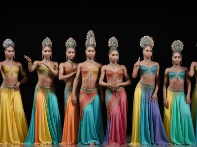 Uma ilustração vibrante que retrata a história da dança, desde suas origens em rituais antigos até os diversos estilos de dança modernos e a história da dança no Brasil.