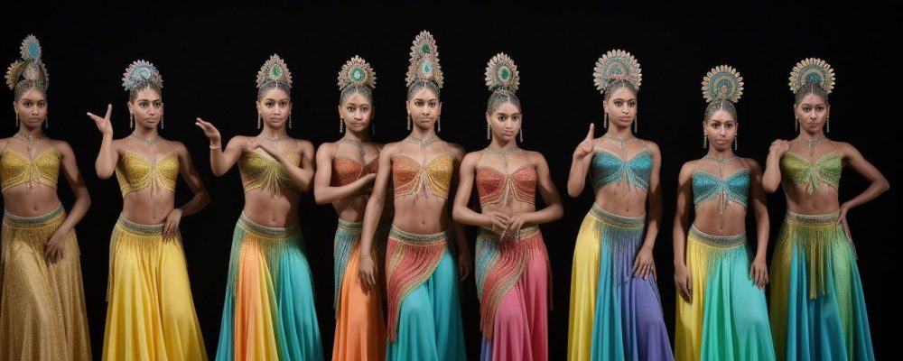 Uma ilustração vibrante que retrata a história da dança, desde suas origens em rituais antigos até os diversos estilos de dança modernos e a história da dança no Brasil.