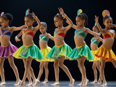 Cena vibrante ilustrando a história da dança, com destaque para a origem, estilos e emoções transmitidas através do movimento.