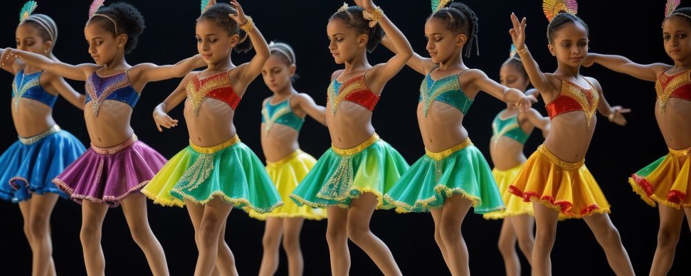 Cena vibrante ilustrando a história da dança, com destaque para a origem, estilos e emoções transmitidas através do movimento.