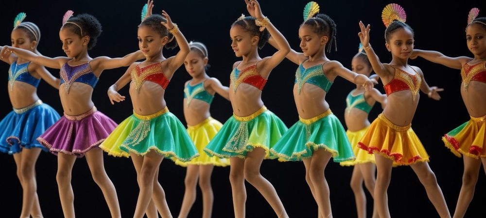 Cena vibrante ilustrando a história da dança, com destaque para a origem, estilos e emoções transmitidas através do movimento.