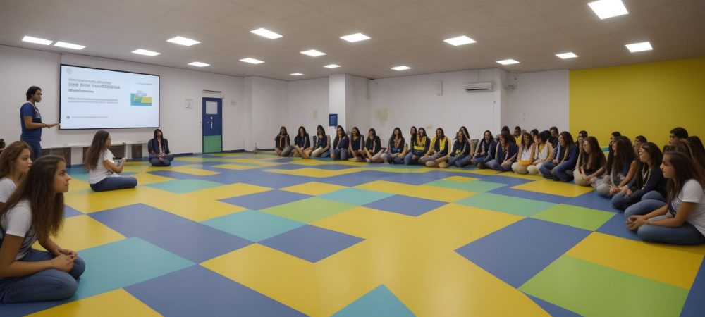 Estudantes em sala de aula discutindo princípios de ética e cidadania na escola.