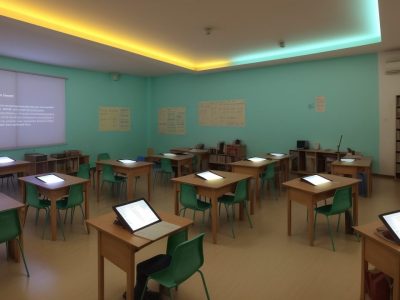 Estudantes em sala de aula interagindo em atividades de literatura que estimulam a leitura e a criatividade.