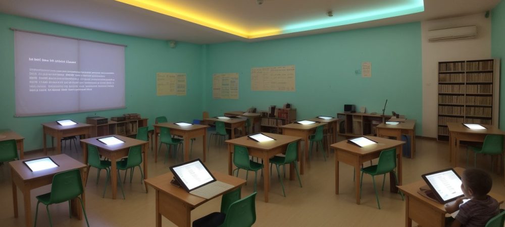 Estudantes em sala de aula interagindo em atividades de literatura que estimulam a leitura e a criatividade.