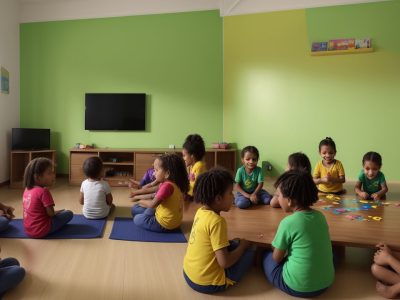Crianças em aula interativa usando atividades lúdicas para aprendizagem divertida