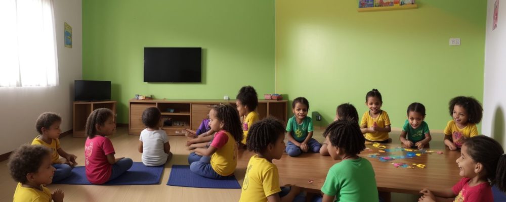 Crianças em aula interativa usando atividades lúdicas para aprendizagem divertida