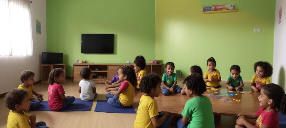 Crianças em aula interativa usando atividades lúdicas para aprendizagem divertida