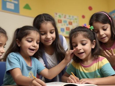 Crianças encantadas em uma sala de aula, com professor usando fantoches e técnicas de contação de histórias na educação infantil