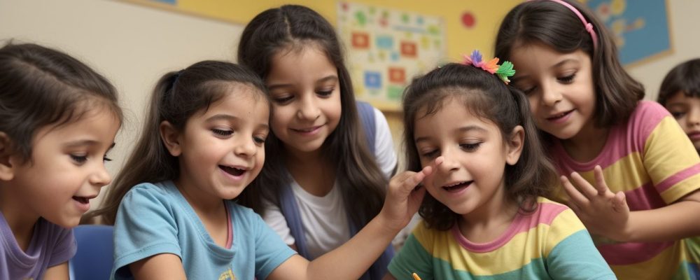 Crianças encantadas em uma sala de aula, com professor usando fantoches e técnicas de contação de histórias na educação infantil