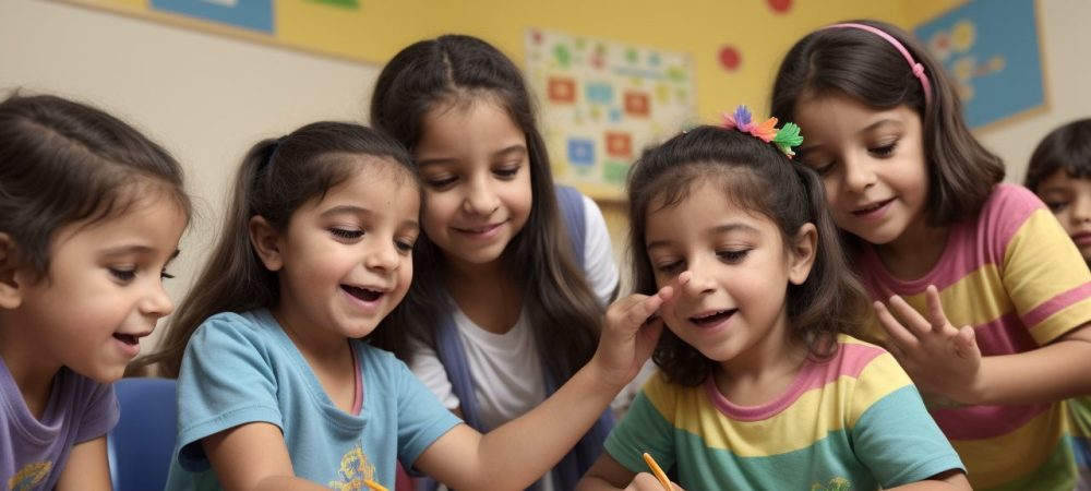 Crianças encantadas em uma sala de aula, com professor usando fantoches e técnicas de contação de histórias na educação infantil