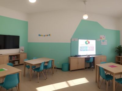 Professora interagindo com alunos em uma sala de aula inclusiva, utilizando um plano de atendimento educacional especializado para promover a educação inclusiva e o curso online de AEE