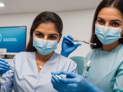 Auxiliar de saúde bucal demonstrando instrumentação odontológica em consultório, com foco em materiais e biossegurança.