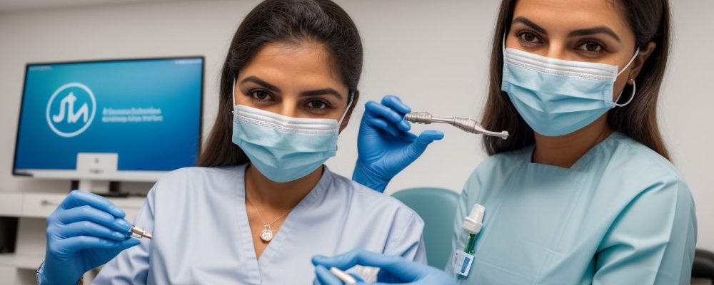 Auxiliar de saúde bucal demonstrando instrumentação odontológica em consultório, com foco em materiais e biossegurança.