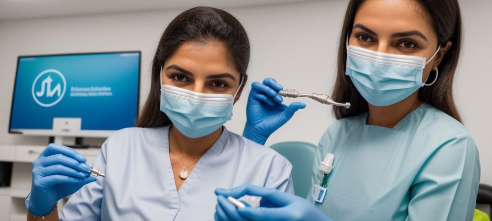 Auxiliar de saúde bucal demonstrando instrumentação odontológica em consultório, com foco em materiais e biossegurança.