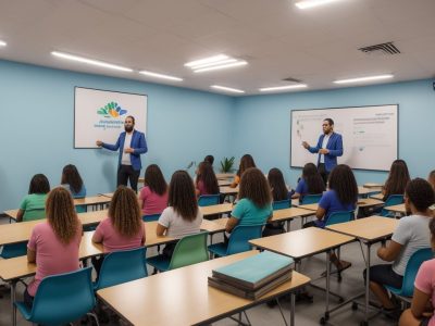 Sala de aula com estudantes realizando atividades práticas para dificuldades de aprendizagem