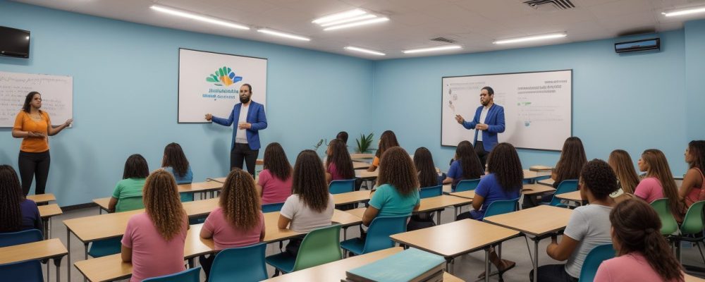 Sala de aula com estudantes realizando atividades práticas para dificuldades de aprendizagem