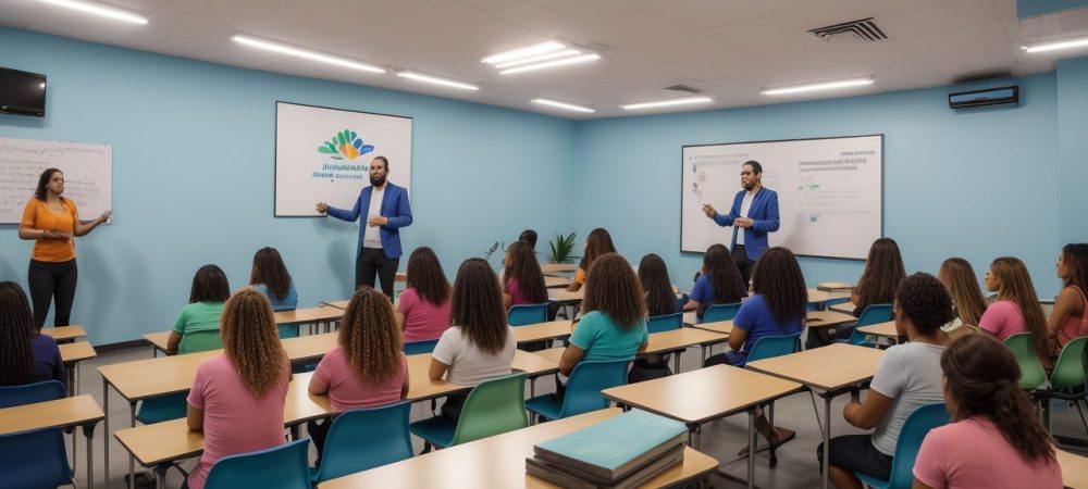 Sala de aula com estudantes realizando atividades práticas para dificuldades de aprendizagem