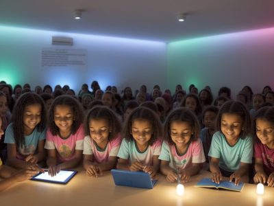 Professor utilizando tecnologias assistivas em sala de aula inclusiva, com alunos interagindo e aprendendo.