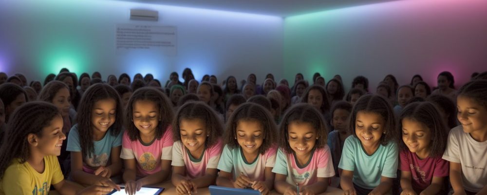 Professor utilizando tecnologias assistivas em sala de aula inclusiva, com alunos interagindo e aprendendo.