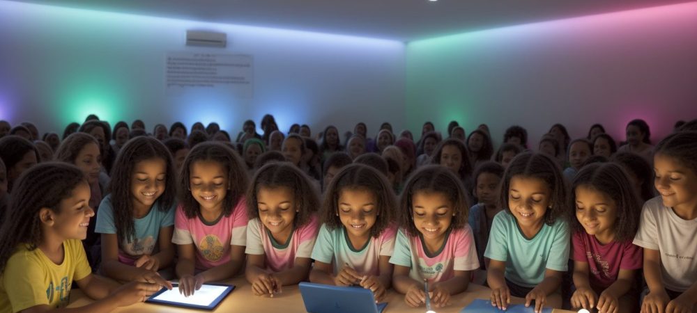 Professor utilizando tecnologias assistivas em sala de aula inclusiva, com alunos interagindo e aprendendo.