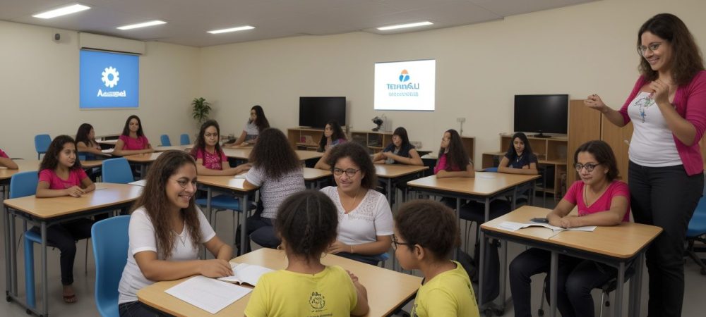 Imagem mostrando sala de aula inclusiva, com recursos de acessibilidade visual e alunos aprendendo com tecnologias assistivas para deficientes visuais