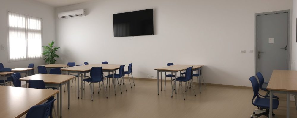 Sala de aula inclusiva com alunos utilizando tecnologias assistivas, como legendas e audiodescrição, para acessibilidade midiática.