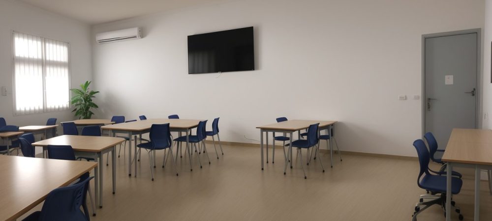 Sala de aula inclusiva com alunos utilizando tecnologias assistivas, como legendas e audiodescrição, para acessibilidade midiática.