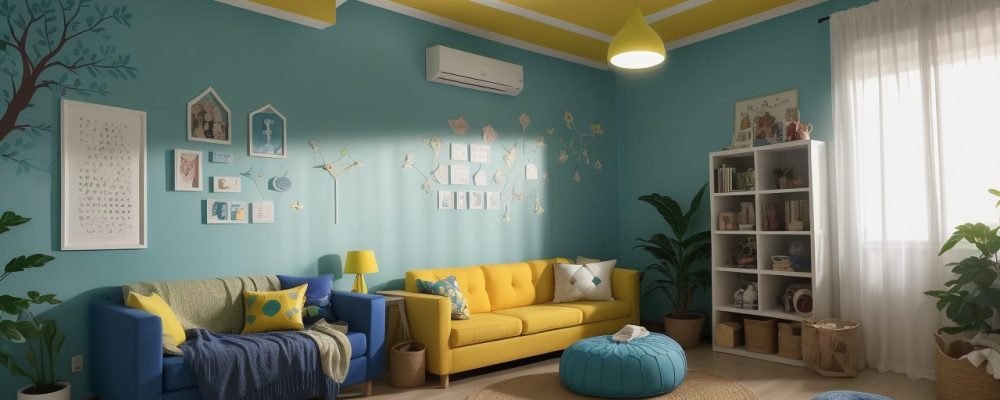 Sala de aula inclusiva com recursos de acessibilidade e alunos interagindo, mostrando a educação inclusiva em prática.