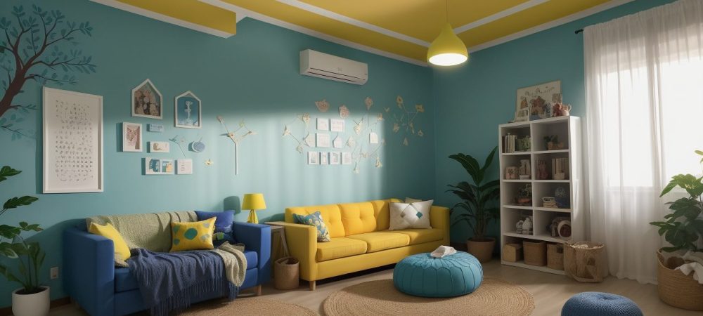 Sala de aula inclusiva com recursos de acessibilidade e alunos interagindo, mostrando a educação inclusiva em prática.