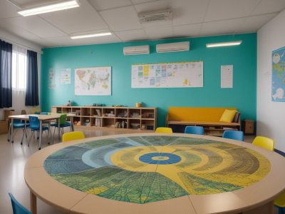 Uma imagem vibrante de uma escola moderna com pessoas trabalhando, simbolizando a gestão escolar e o planejamento estratégico.