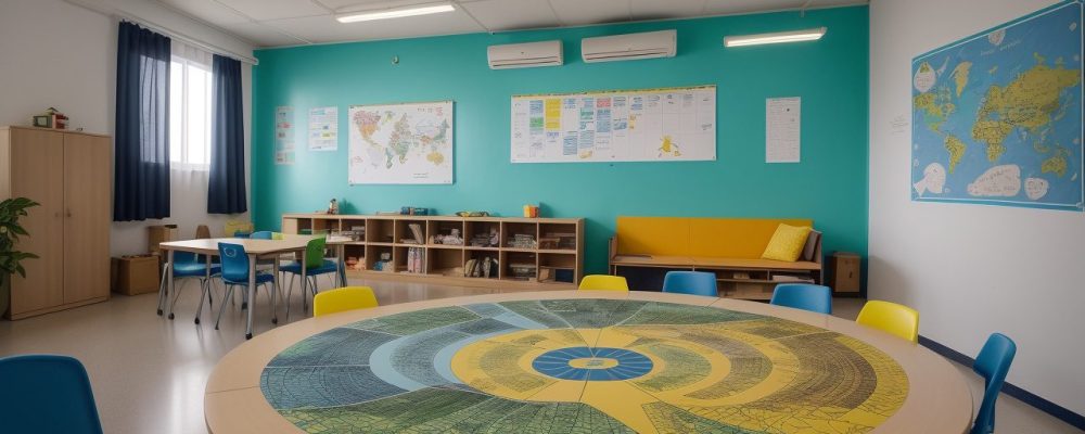 Uma imagem vibrante de uma escola moderna com pessoas trabalhando, simbolizando a gestão escolar e o planejamento estratégico.