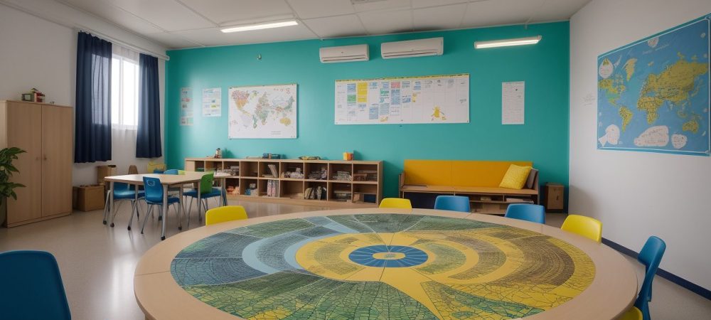 Uma imagem vibrante de uma escola moderna com pessoas trabalhando, simbolizando a gestão escolar e o planejamento estratégico.