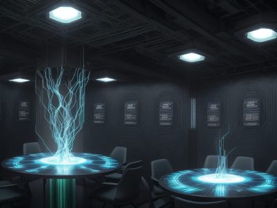 Representação visual dos desafios da administração financeira no século XXI: gráficos, fluxos de dados e profissionais colaborando