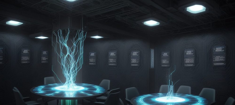 Representação visual dos desafios da administração financeira no século XXI: gráficos, fluxos de dados e profissionais colaborando