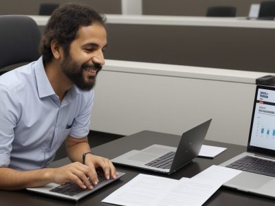 Ilustração de um servidor público estudando em um curso online de administração de empresas, com foco em gestão eficiente e inovação no setor público.