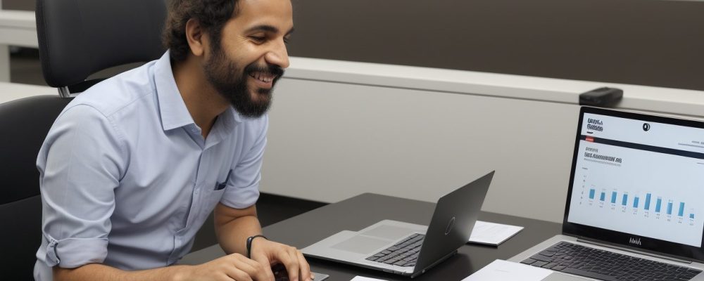 Ilustração de um servidor público estudando em um curso online de administração de empresas, com foco em gestão eficiente e inovação no setor público.